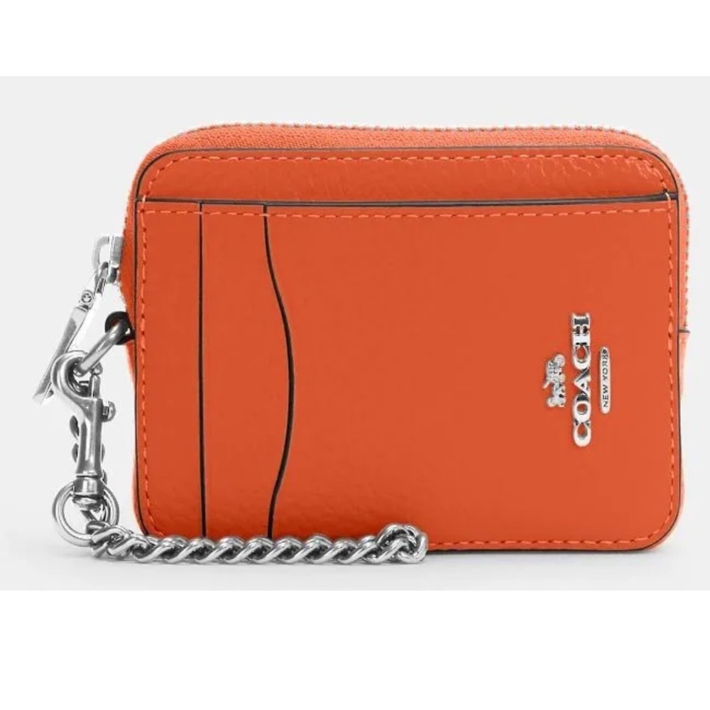 Coach Zip Card Case in Silver/Bright Orange
